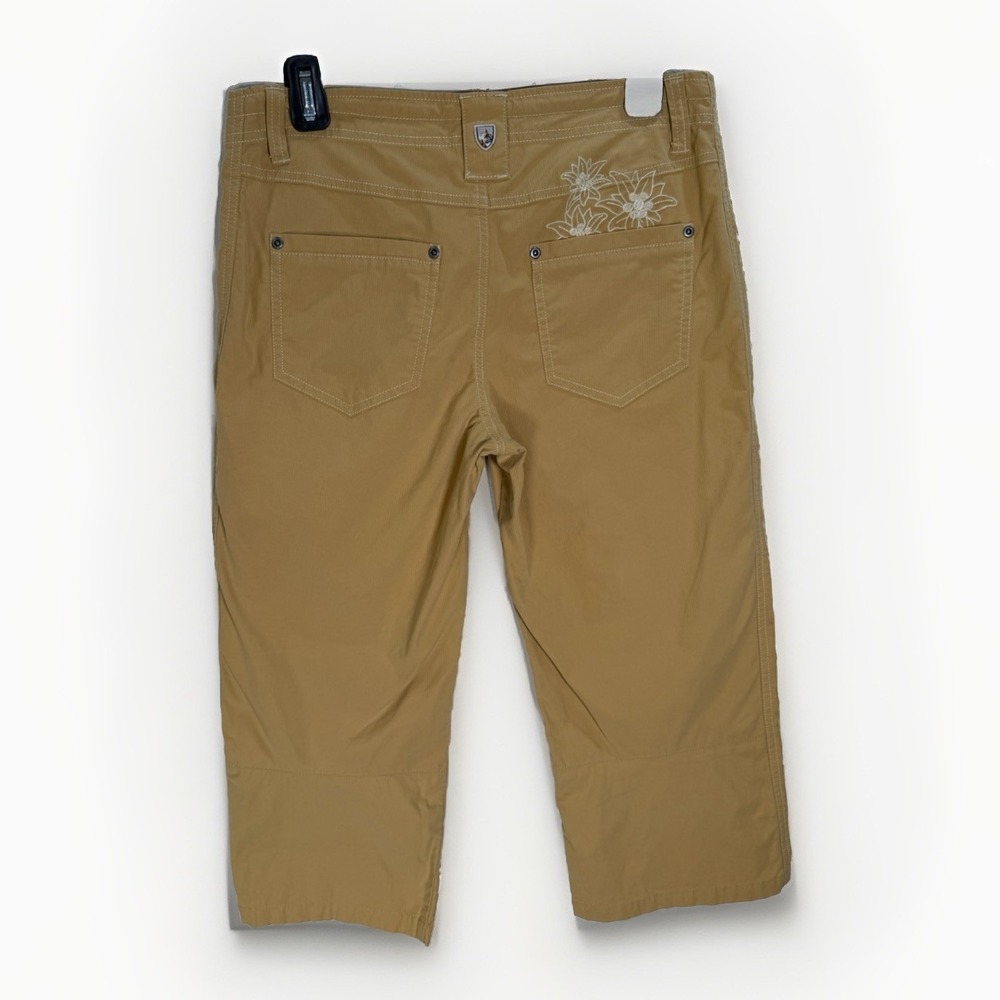 KUHL Crop Pants Womens Sz 6 Floral Embroidered Hiking Utility Tan Wheat